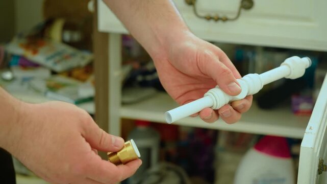 Fitting plastic to metal pipe adapter during plumbing installation, transitioning water line connection. Hand aligning push fit plastic tube with threaded brass fitting, DIY repair workflow
