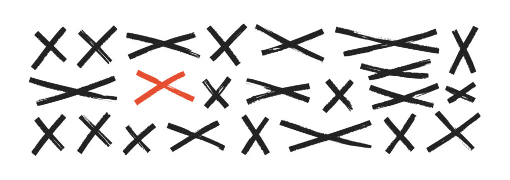 Hand-drawn marker cross with rough texture and bold stroke. Perfect for highlighting text, creating strikethrough effects, or adding sketchy X marks to designs. Vector illustration.