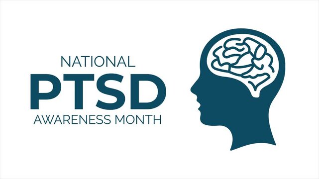 PTSD awareness month animation with contrasting head silhouettes and brain illustration, representing emotional imbalance and mental health conditions in a minimalist style. 4k video animation.