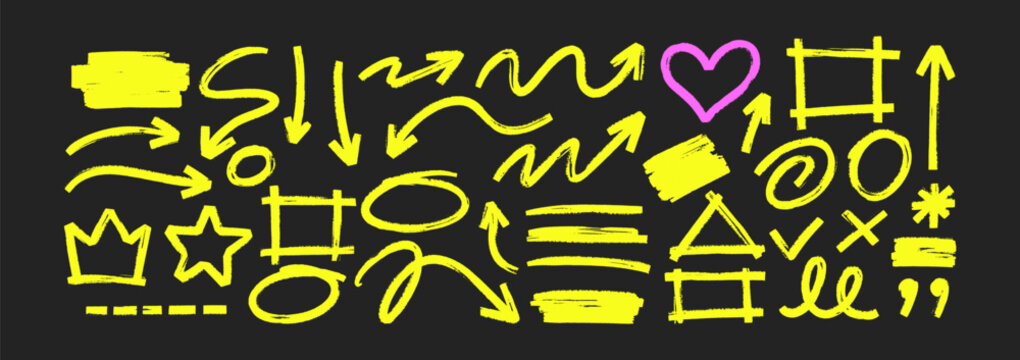 Hand-drawn marker circles and arrows create emphasis on whiteboard backgrounds with bold highlight strokes and doodle shapes for text markers. Yellow vector illustration.