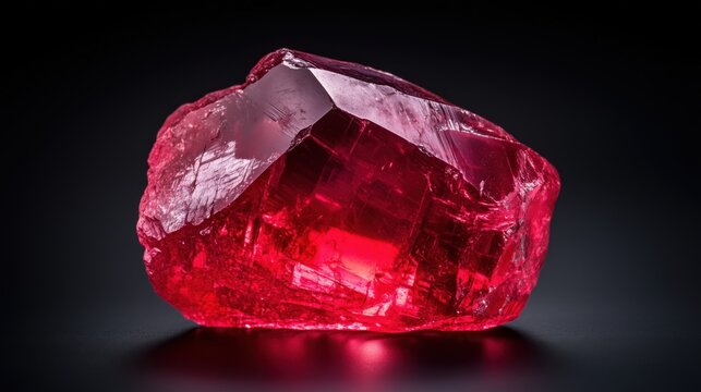 Raw ruby crystal close-up on dark background, precious gemstone, luxury jewelry concept, natural mineral texture, red transparent stone, macro detail, high value gem