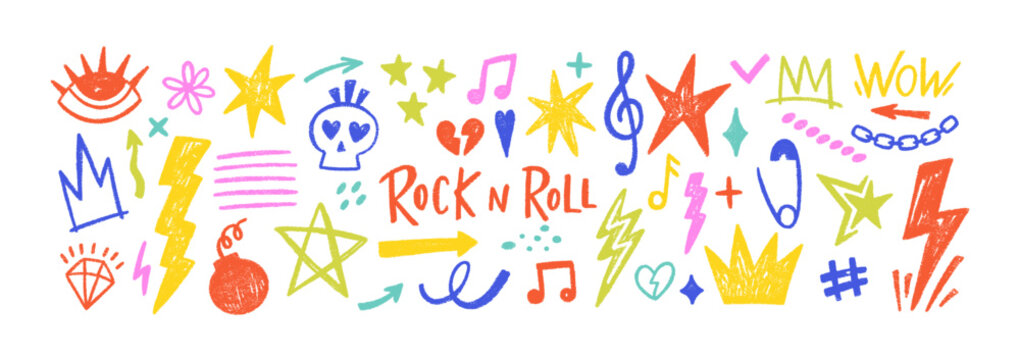 Punk rock doodle stickers with lightning crown, hand-drawn fire flames, and edgy rock music notes. Doodle color vector illustration with crayon texture.