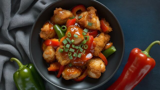 Top-down studio shot of sweet and sour chicken with vibrant bell peppers and garnish on a dark culinary background.