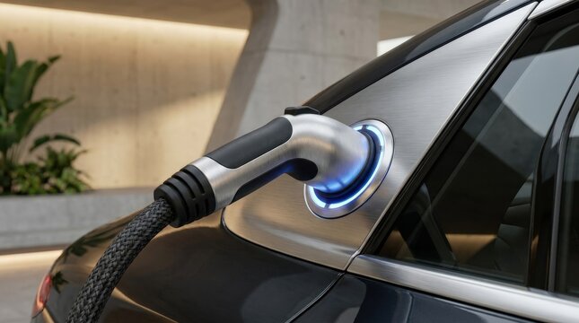 Close up of an EV charging port in use, electric mobility concept for sustainability, transport, clean energy and future automotive themes, connected cable, sleek vehicle surface, realistic detail,