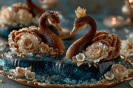 Exquisite dessert featuring chocolate sponge cake swans with golden crowns floating on a deep blue jelly marmalade lake, decorated with cream roses and edible crystals