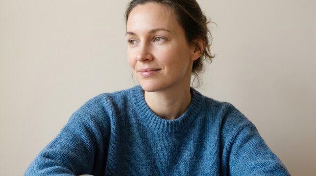 Portrait of a woman in a blue sweater, clean beauty and lifestyle image with calm expression and modern simplicity, fashion, comfort and seasonal apparel concept, plain background, flattering soft