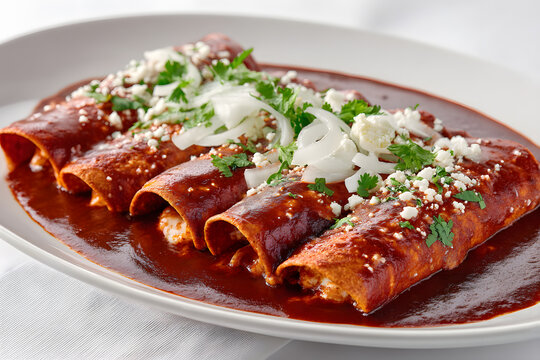 Classic Mexican Enchiladas Rojas with Onions and Cheese Served on a White Plate