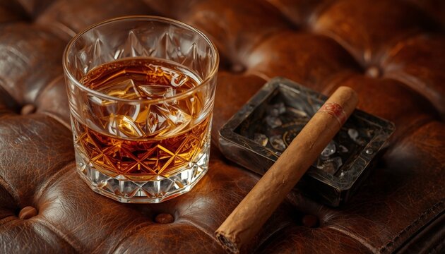 There is a glass of whiskey and a cigar sitting on a leather couch