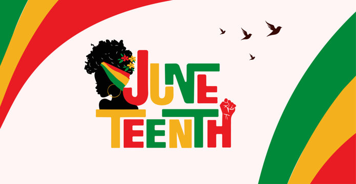 Juneteenth typography with silhouette of black woman and raised fist in flag colors.