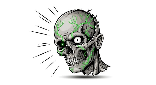 zombie skull with glowing green brain lightning strike