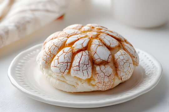 Classic Mexican Concha Pan Dulce on a White Plate with Textured Surface and Soft Lighting