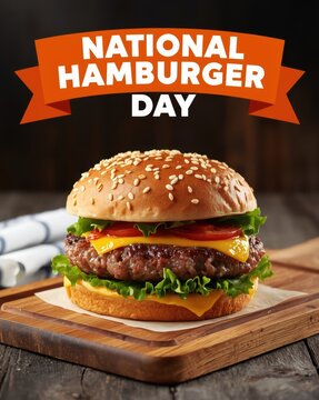 Delicious beef cheeseburger on a rustic wooden board for national hamburger day celebration with an orange ribbon banner on a dark background