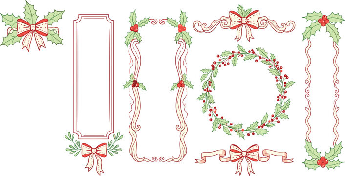 Christmas decorative frames and borders set, festive holly ribbon artwork, holiday ornament design, elegant seasonal wreath composition, winter celebration graphic, flat vector illustration