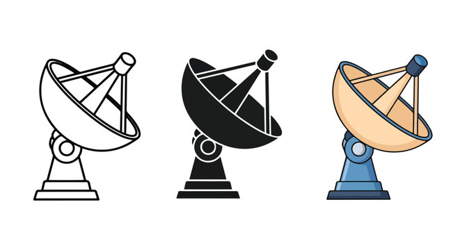 Satellite dish communication icons in flat style - Minimalist, flat icon, outline, glyph, linear, clipart, sticker - icon set