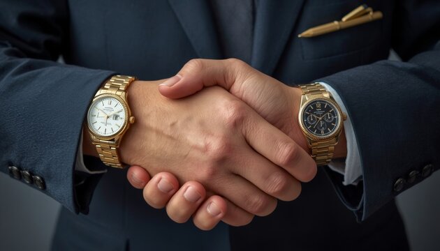 There is a man in a suit shaking hands with a watch on his wrist