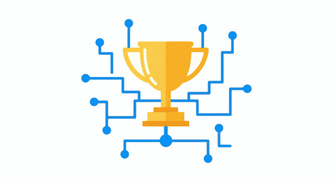Golden trophy connected to a digital network with blue nodes