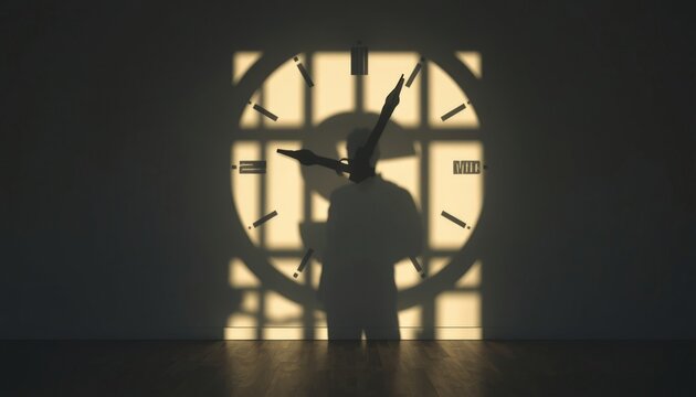 There is a shadow of a person standing in front of a clock