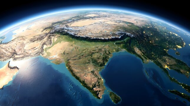 Panoramic satellite view of the planet showcasing India, the Himalayas, and Asia, with illuminated cities glowing brightly at night