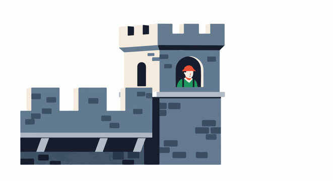 Flat illustration of a castle tower with a guard in the window