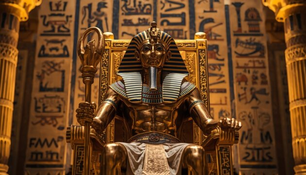 There is a gold statue of an egyptian king sitting on a throne
