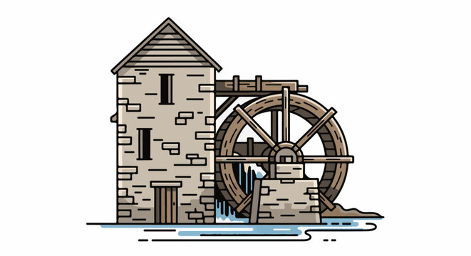 Flat illustration of a stone building with a wooden waterwheel on a white background