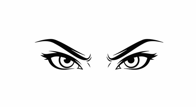 Fierce black eyes, sharp brow arches, detailed lashes, focused gaze