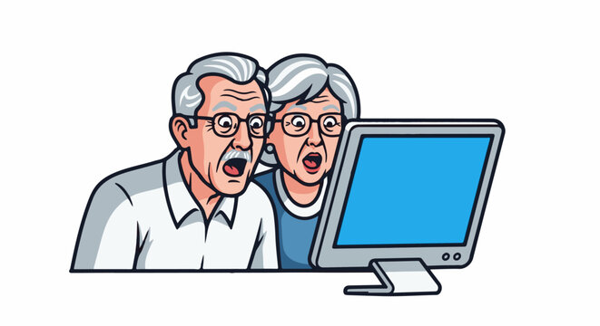 Elderly couple with shocked expressions looking at a computer screen
