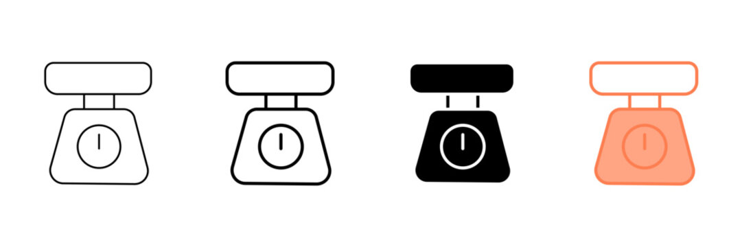 Set of minimalist kitchen scale icons with transparent background, weight measurement tools for cooking, food weighing equipment for recipes, baking balance instruments, vector illustration