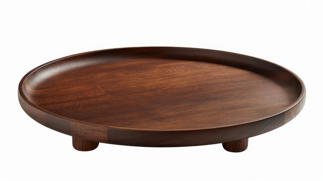 Empty round wooden serving tray with small feet isolated on a plain white studio background view
