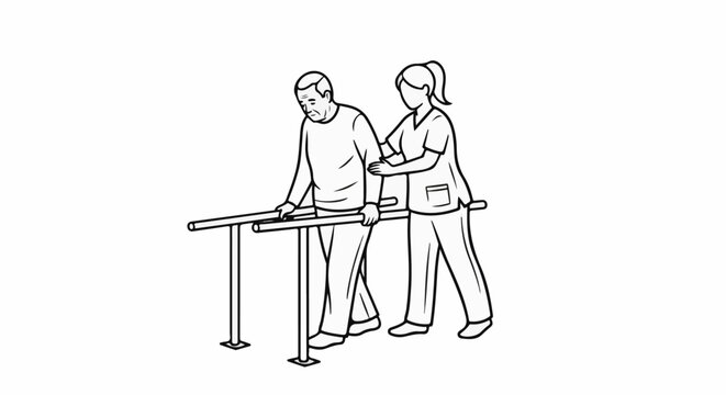 Elderly man in physical therapy assisted by caregiver using parallel bars