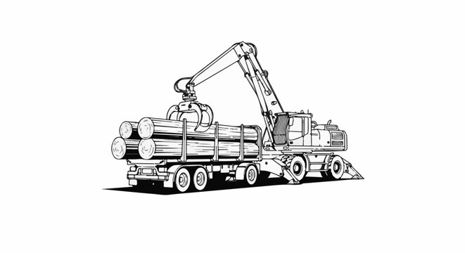 Excavator loading logs onto a truck with a claw