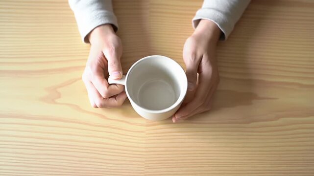 Elegant, serene overhead video: manicured hands in neutral sleeve gently place matte ceramic mug on a pristine, light wooden table with soft light, bokeh, and push-in. Mindful presentation and