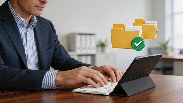 Businessman typing on tablet with digital folder icon floating above representing cloud storage data security file management modern office work technology usage