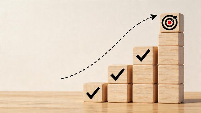 Business goal achievement wooden blocks climbing to target success concept project management milestone marking growth strategy corporate objectives performance metrics strategic