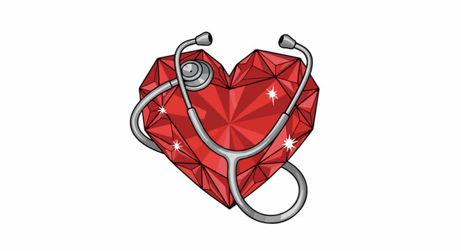 Faceted ruby heart with a stethoscope wrapped around it