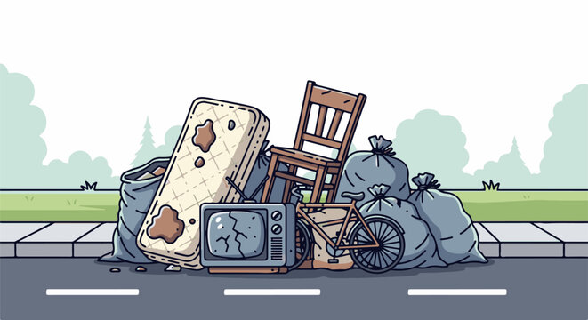 Discarded furniture, a cracked television, and a bicycle piled by garbage bags