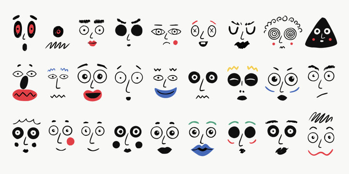 Cartoon Facial Expressions Set Cute Emotions Face Elements Collection Vector Style