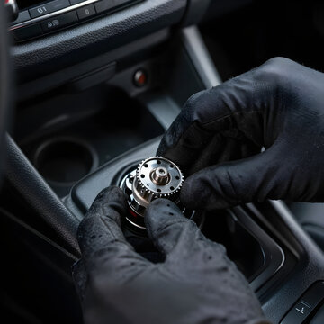 Close-up of a mechanic's hands in black gloves adjusting a manual gearshift. Generative AI