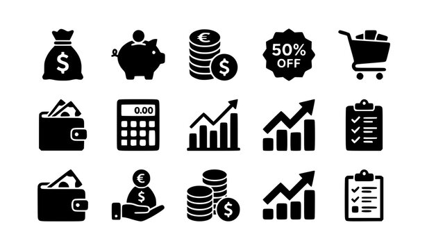 Collection of solid black financial icons, including money bag, chart, and shopping cart.