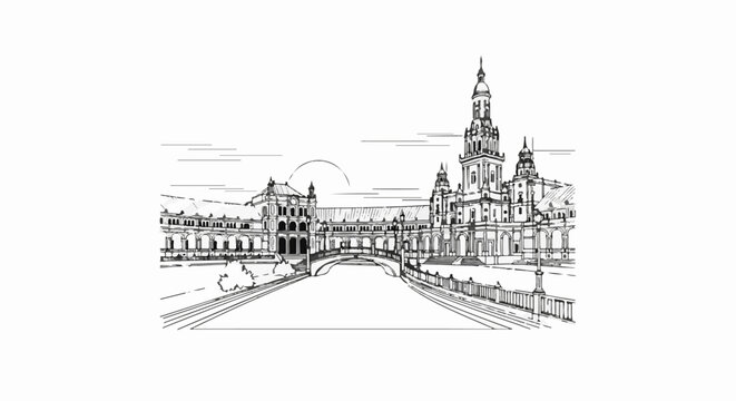 Detailed ink sketch of a grand European plaza with arcades and a central canal