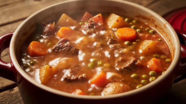 Steaming beef stew with chunks of meat potatoes carrots and peas simmering in a rich broth inside a rustic red pot displayed on a wooden table during a hearty meal preparation