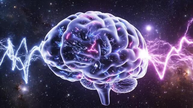 Brain in space with energy waves emphasizing advanced technology and cybersecurity