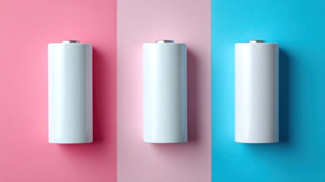 Three white cylindrical batteries arranged vertically on a pink-and-blue striped background