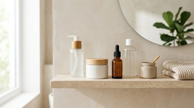 Minimal still life with self care products on a bathroom shelf, clean wellness scene, neutral containers, elegant skincare display, modern home spa concept, tidy interior styling, soft shadows,
