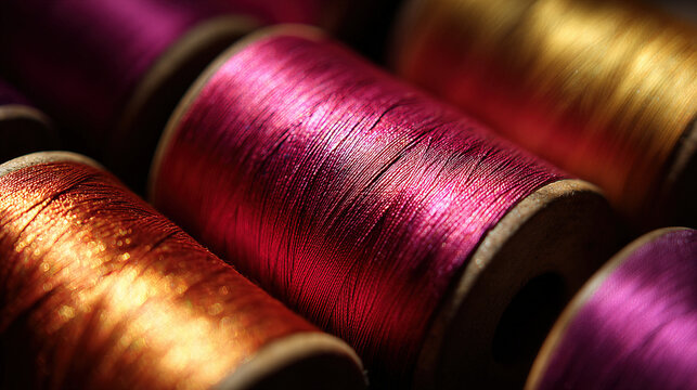 Colorful metallic thread spools in close up, vibrant pink, gold, orange, and purple fibers for sewing textile craft