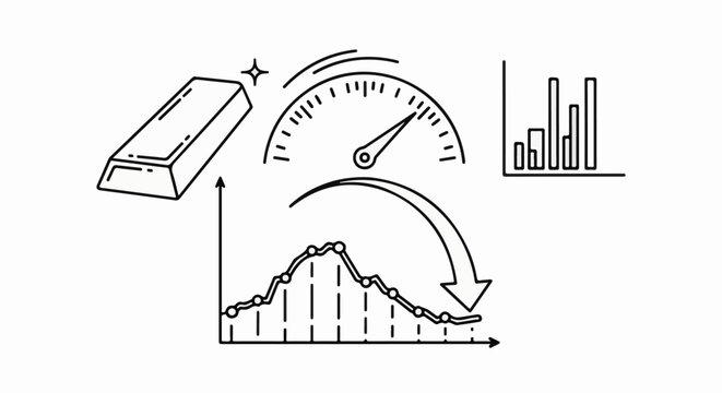 Gold bar, speedometer, declining graph, and bar chart