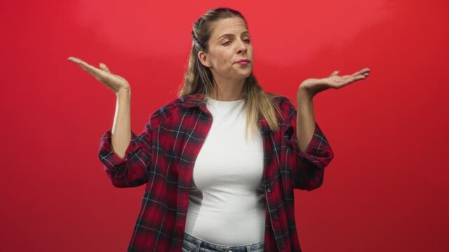 Woman hands raised, shoulder shrug gesture wearing red plaid shirt and white tee in studio against red backdrop; casual uncertainty.