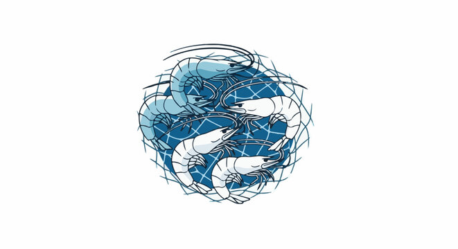 Five shrimp caught in a circular fishing net, rendered in blue and white