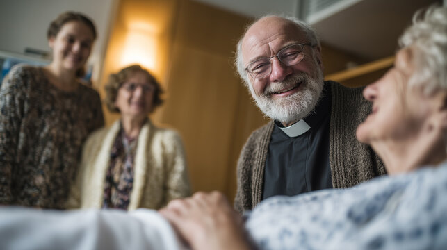 chaplain providing spiritual support to elderly patient with family in hospital room