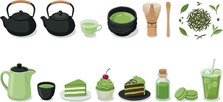 Comprehensive Matcha Green Tea Vector Set Featuring Traditional Teapots, Whisk, Bamboo Spoon, Tea Leaves, and Assorted Desserts Like Cakes, Cupcakes, Macarons, and Iced Beverages.